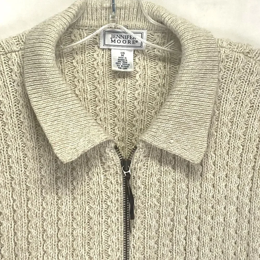 Jennifer Moore Women's Sweater Size M Ivory Open Knit Chunky Full Zip Collar LS